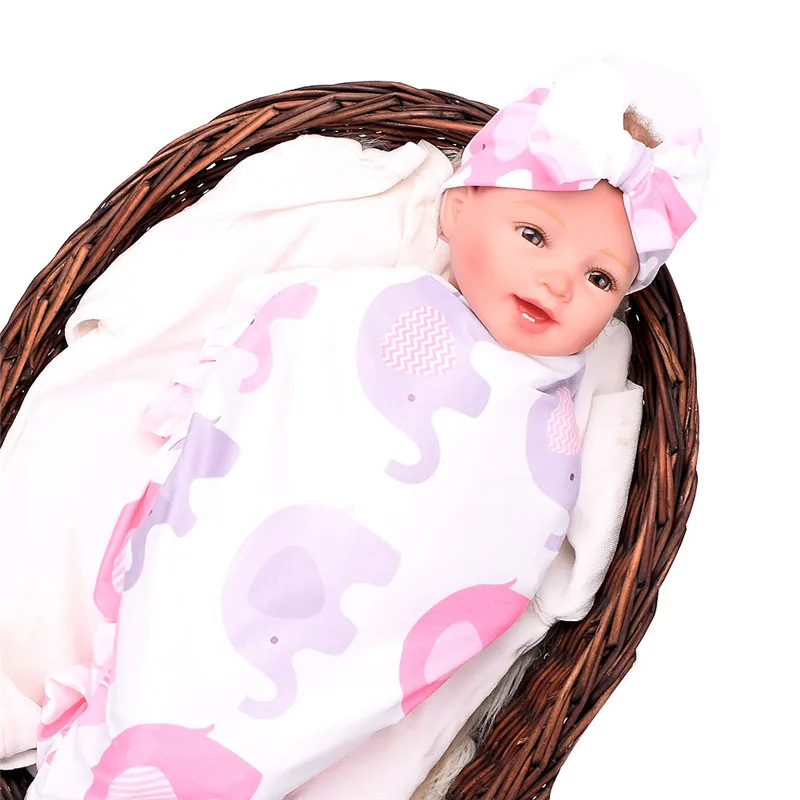 Spædbarn Søde Nyfødte Baby Pige dreng Print Indpakket Swaddle Tæppe Sløjfeknude Hovedbøjle Tøj Sæt 3