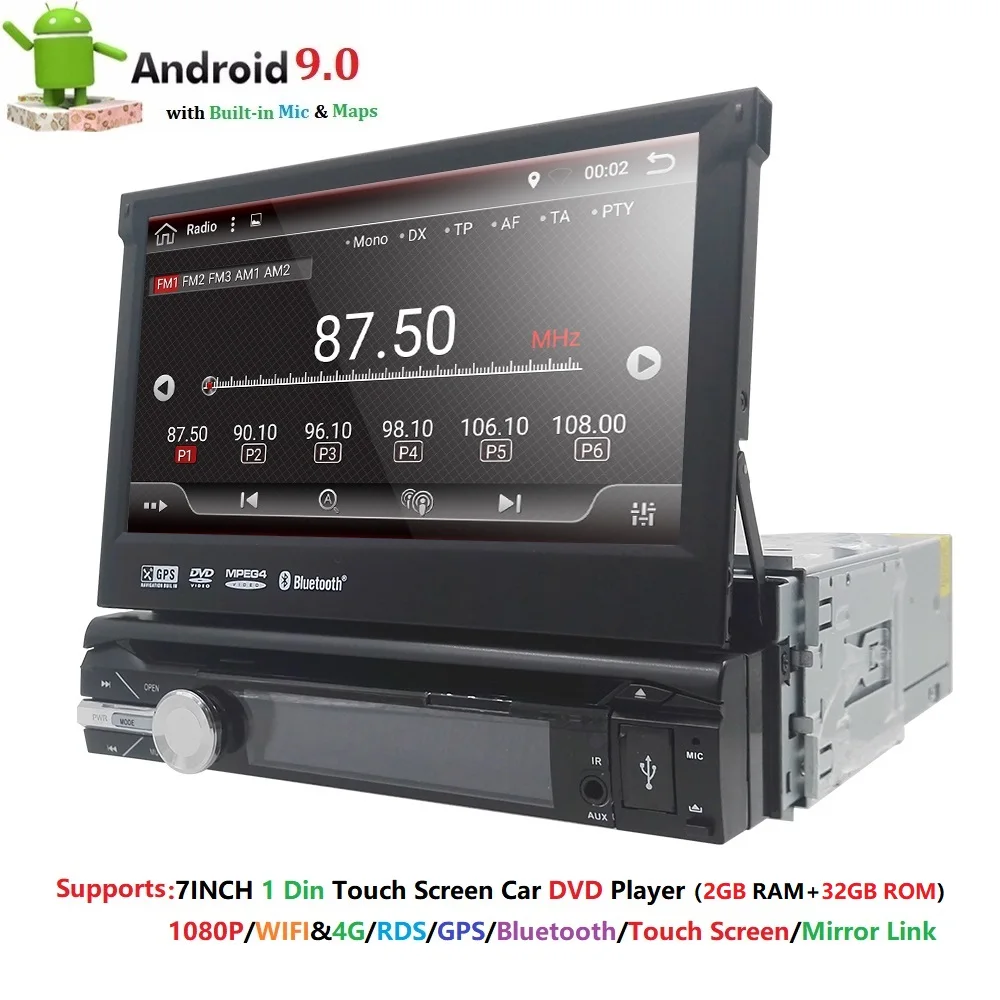 Universal 1din Bil Radio Android 9.0 GPS-Multimedia-Afspiller SWC DAB+TPMS RDS DVR BT MIC KORT Bluetooth Mirrorlink Stereo Autoradio 3