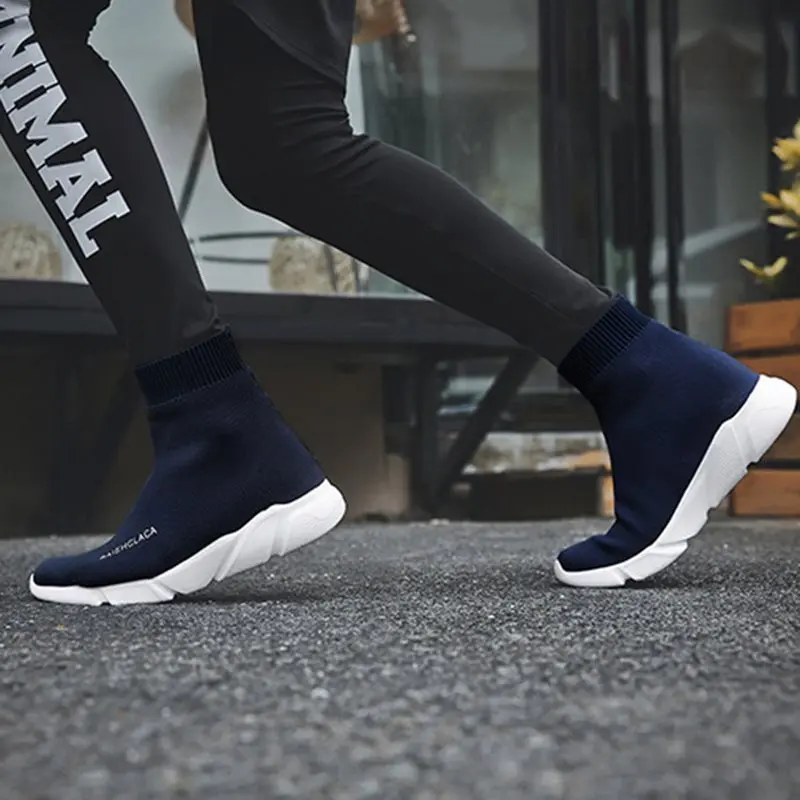 Koreanere Tendens Brev Mesh Mænd Casual Sko 2019 Walking Par Sorte Sneakers High Top Blue Kører Åndbar Sok Sport Sko 47 3