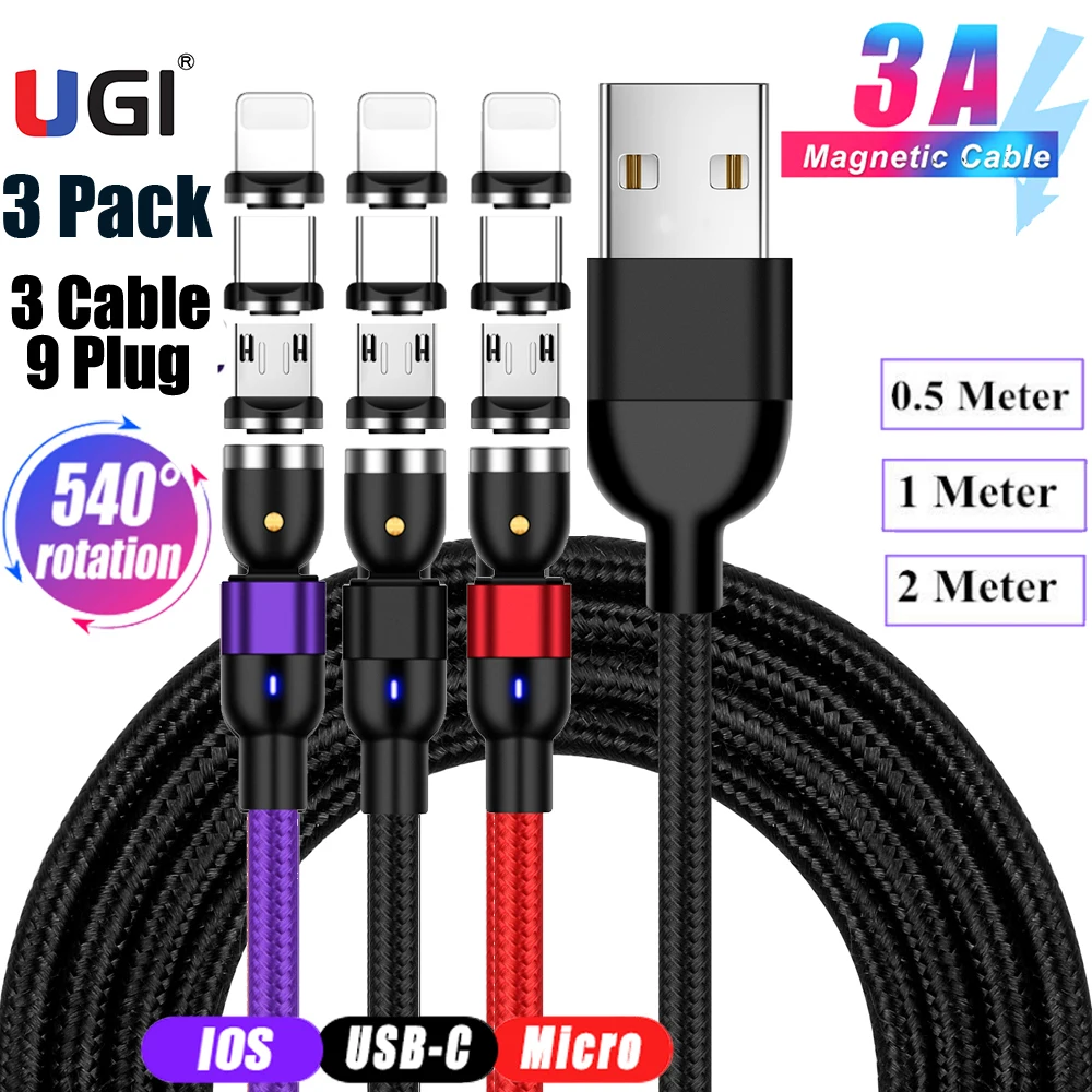 UGI 3Pack ( 3 Kabel + 9 Stik ) 3 i 1 540° Hurtig Opladning Magnetiske Kabel Til IOS-Kabel Type C USB-C Kabel-Mikro-USB-Kabel Android 3