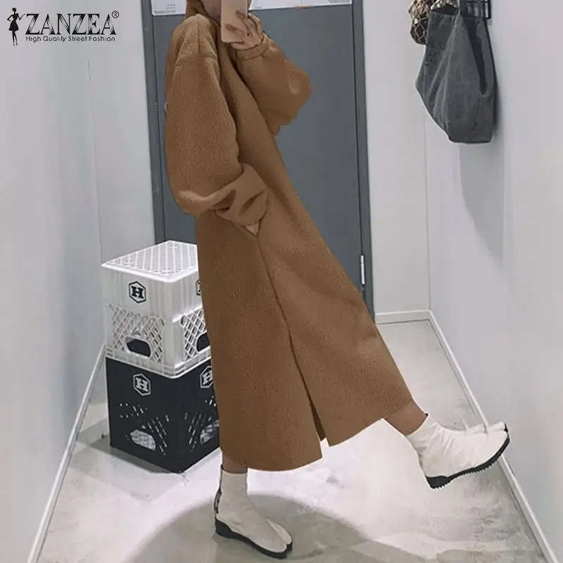 Elegante Bløde Hoodies Kjole Kvinders Split Sweatshirt Robe ZANZEA 2021 Lang Sleece Maxi Vestidos Kvindelige Rullekrave Pullovere 5XL 3