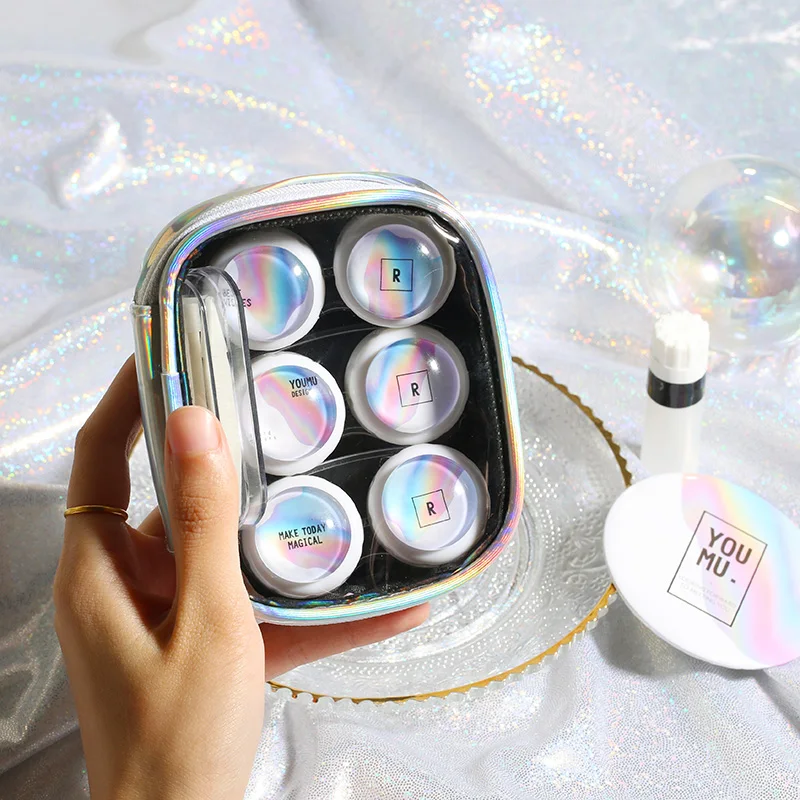 Farvet Laser Taske 3 Par kontaktlinse Sag med Spejl Kvinder Kontaktlinser Max kontaktlinse Container Dejlig Rejse Kit Kassen 3