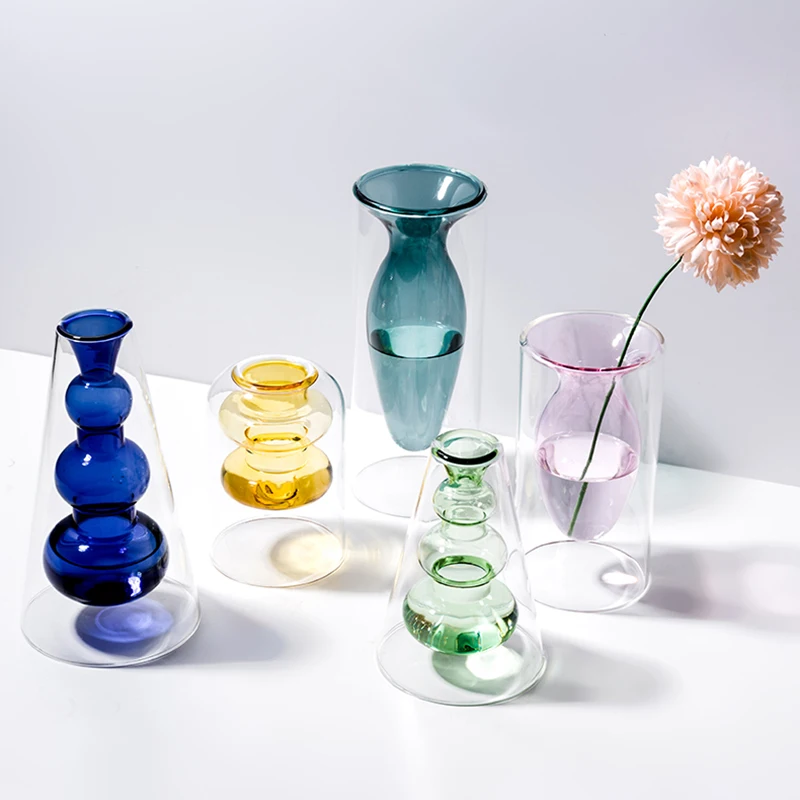 Nordisk Farverige Glas Vase Hydroponics Stue Dekoration Blomst Arrangement Dobbelt Lag Transparant Vaser Desktop Indretning 3