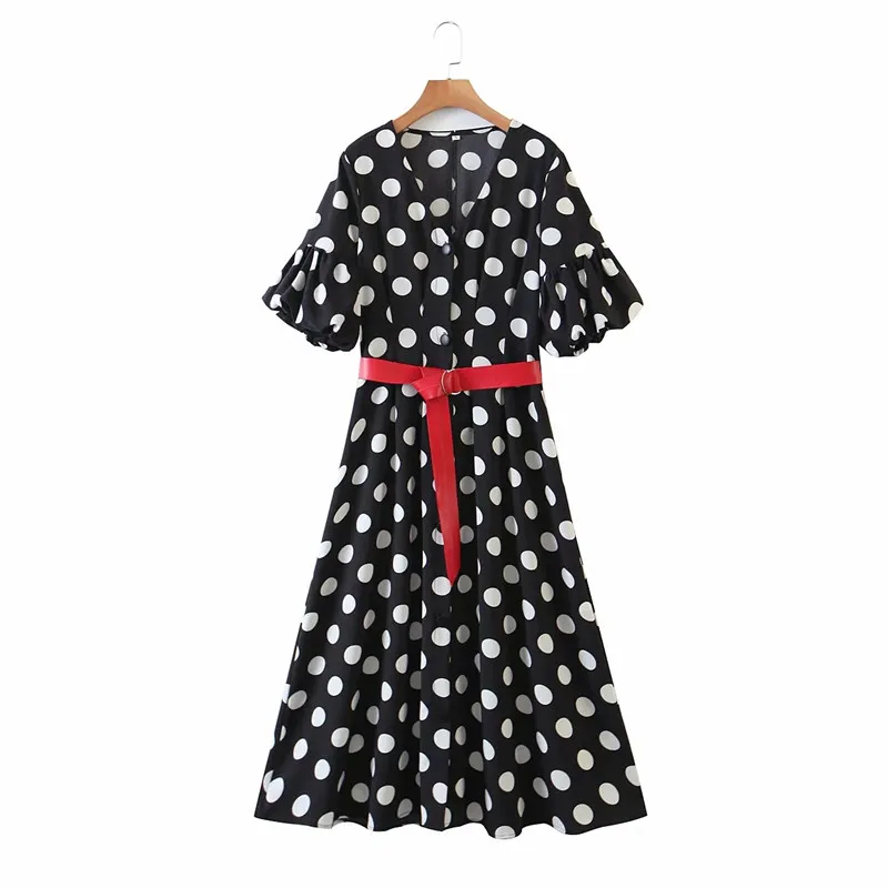 Chic lady sommer-mode-polka dot print za lange kjoler kvindelige 2020 elegant kort puff ærmer høj talje kjole med rødt bælte 3