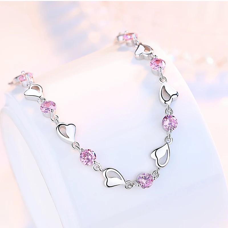 Luksus Trendy Hjertet Zircon 925 Sterling Sølv Bryllup Armbånd Til Kvinder Blå Pink-Designer Lækre Kæde Smykker Gaver 3