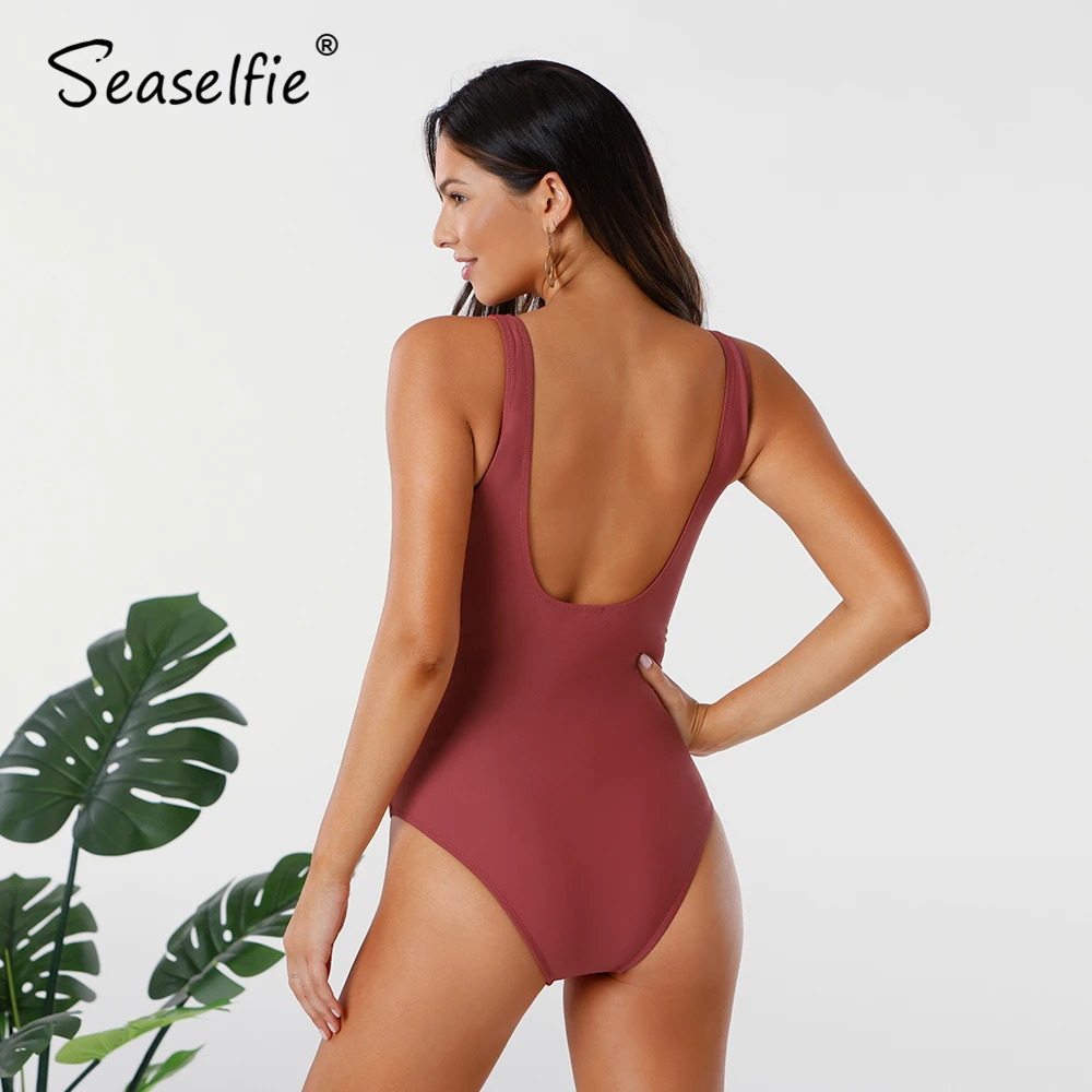 SEASELFIE Solid Dusty Rose Ét Stykke Badedragt Kvinder Sexy-V-hals Scoop Tilbage Monokini Badetøj 2021 Stranden i badetøj Badetøj 3