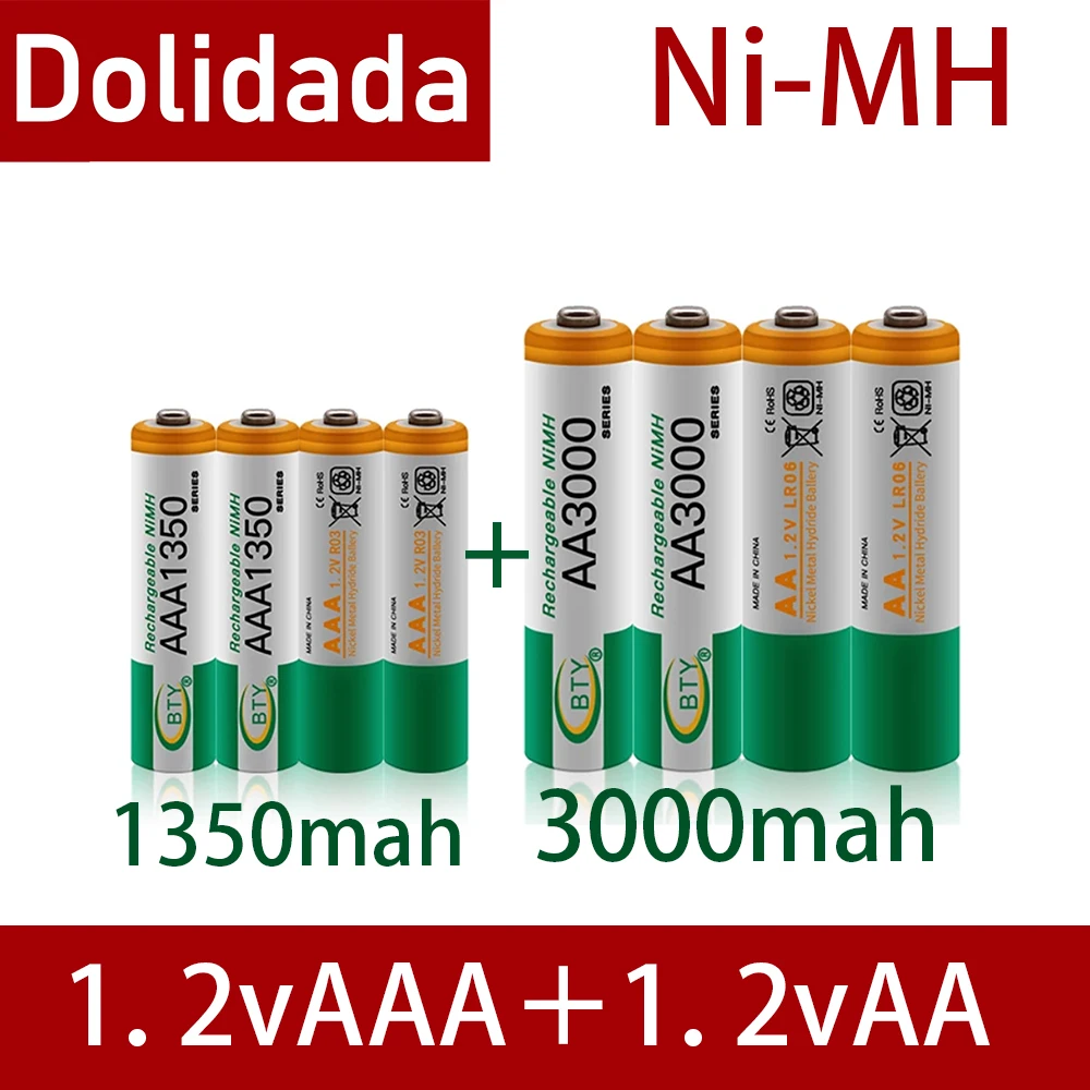 Ny 1,2 V AA-3000mAh Genopladelige NI-MH-Batterier+AAA-batteri 1350 mAh Rechageable batteri NI-MH 1,2 V AAA-batteri 3