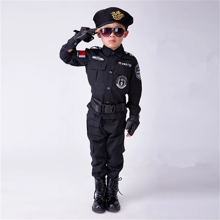Politifolk Kostumer Drenge Særlige Politi Uniform Children ' s Day Gave Hær Lange Ærmer Frakke+Bukser+Bælte+Handsker+Hat Cosplay Tøj 3
