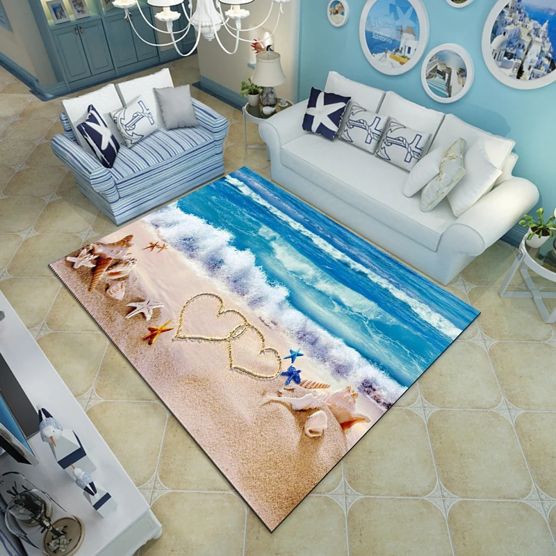 Blue Sea Beach middelhavsstil 3D Tæppe Stue sofabord Sovesofa Soveværelse gulvmåtte Brugerdefinerede Vaskbar Strand Skaller 3