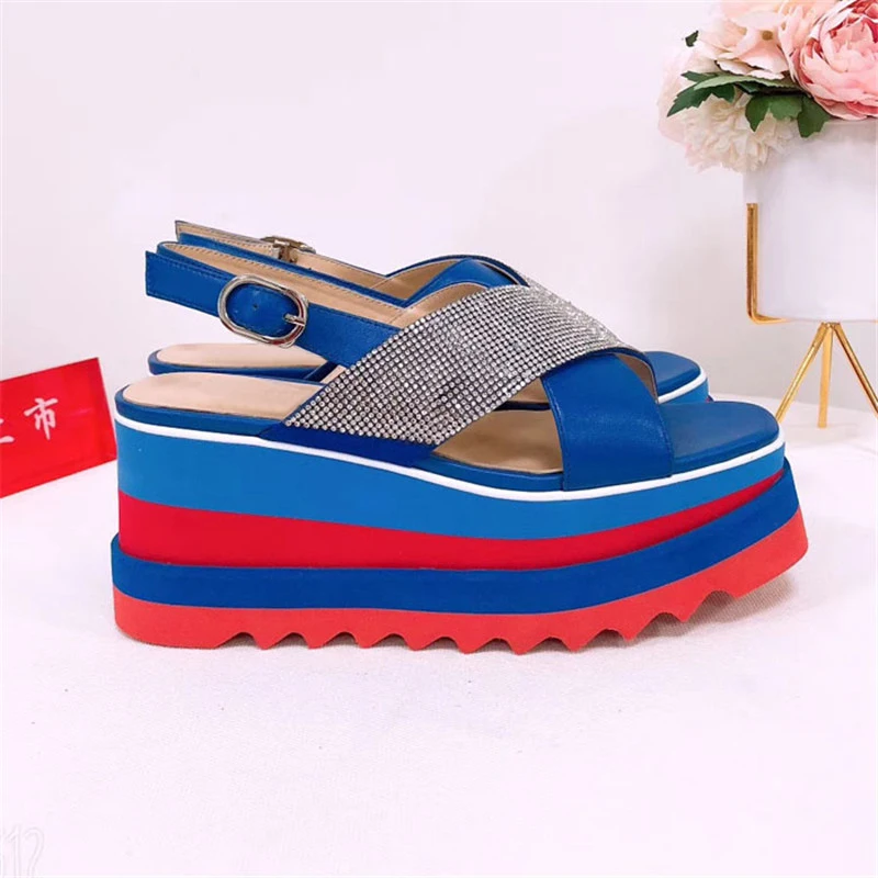 Crossover sandaler Kvinder rhinestone platform fastkile høj hæle af ægte læder bling bling sommeren crystal beach sko blandet farve 3