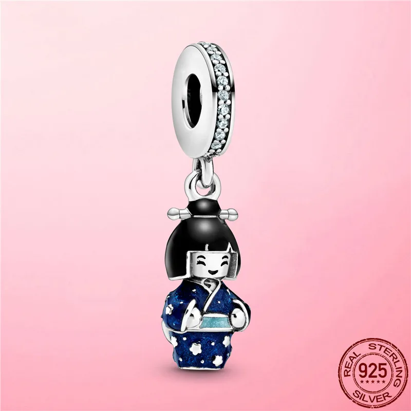 Travel Charme 925 Sterling Sølv Japansk Dukke i Blå Kimono Heart Charm Perler passer Vedhæng til Pandora Armbånd, Halskæde Smykker 3