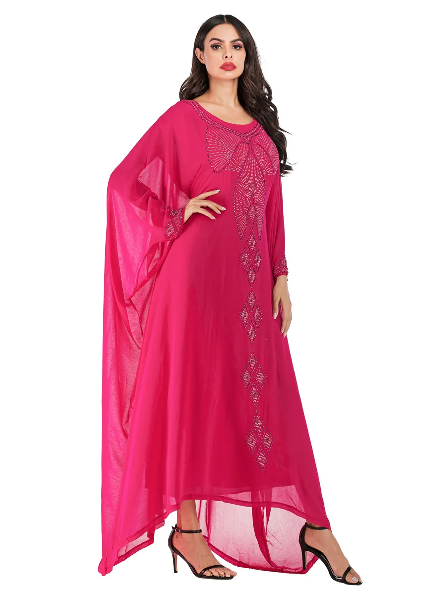 Chiffon Rhinestone Perler Dobbelt-lag Etniske Kjole Batwing Ærme Muslimske Abaya Dubai Arabiske Hellige Kjortel Marokkanske Kjole VKDR1749 3