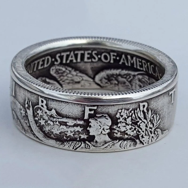 Vintage er Håndlavet Morgan Mønt Ringe Amerikanske Klassiske Design Sølv Farve Dollar 1945 Udskårne 