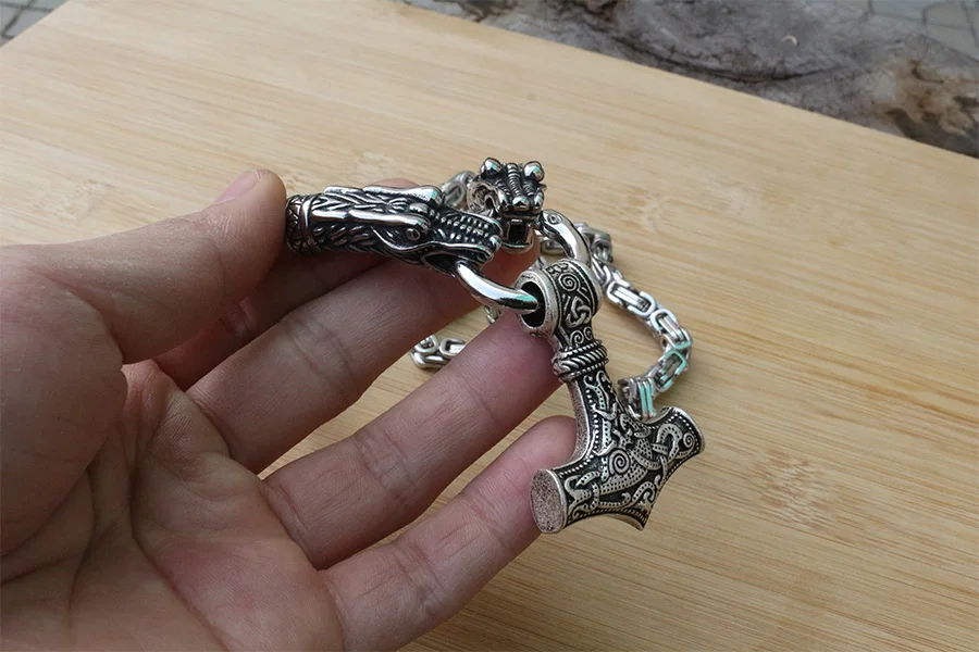 Mænds rustfrit stål halskæde viking Drage hoved med thors hammer mjølner halskæde vedhæng nordiske talisman etniske smykker 3
