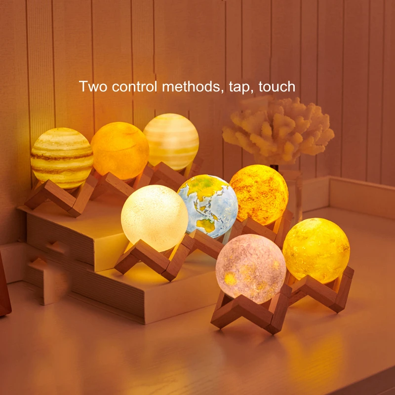 Kreative Genopladelige 3D-Print Otte Planeter Lampe Night Light Touch Pat Moon Light Med 3Colors Home Decor Romantisk Gave 3
