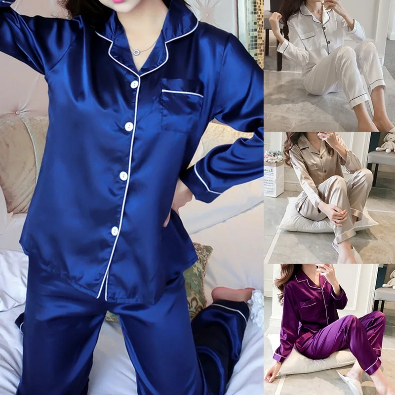 Dame Satin Pyjamas Sæt To Stykke Faker Silke Glat Nattøj Sexet Homewear Langærmet Top Bukser Kvindelige Nattøj Sæt Efteråret 3
