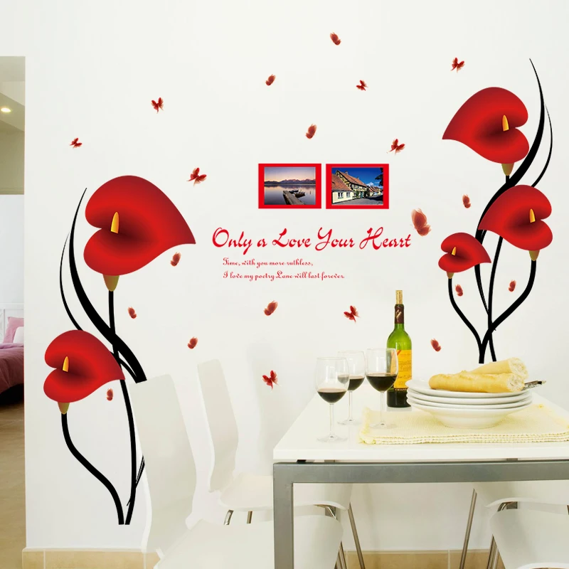 DIY Romantisk Røde Anthurium Blomster Butterfly Wall Stickers fotoramme Citater Home Decor Aftagelige PVC Vinyl Soveværelse Deco Decals 3