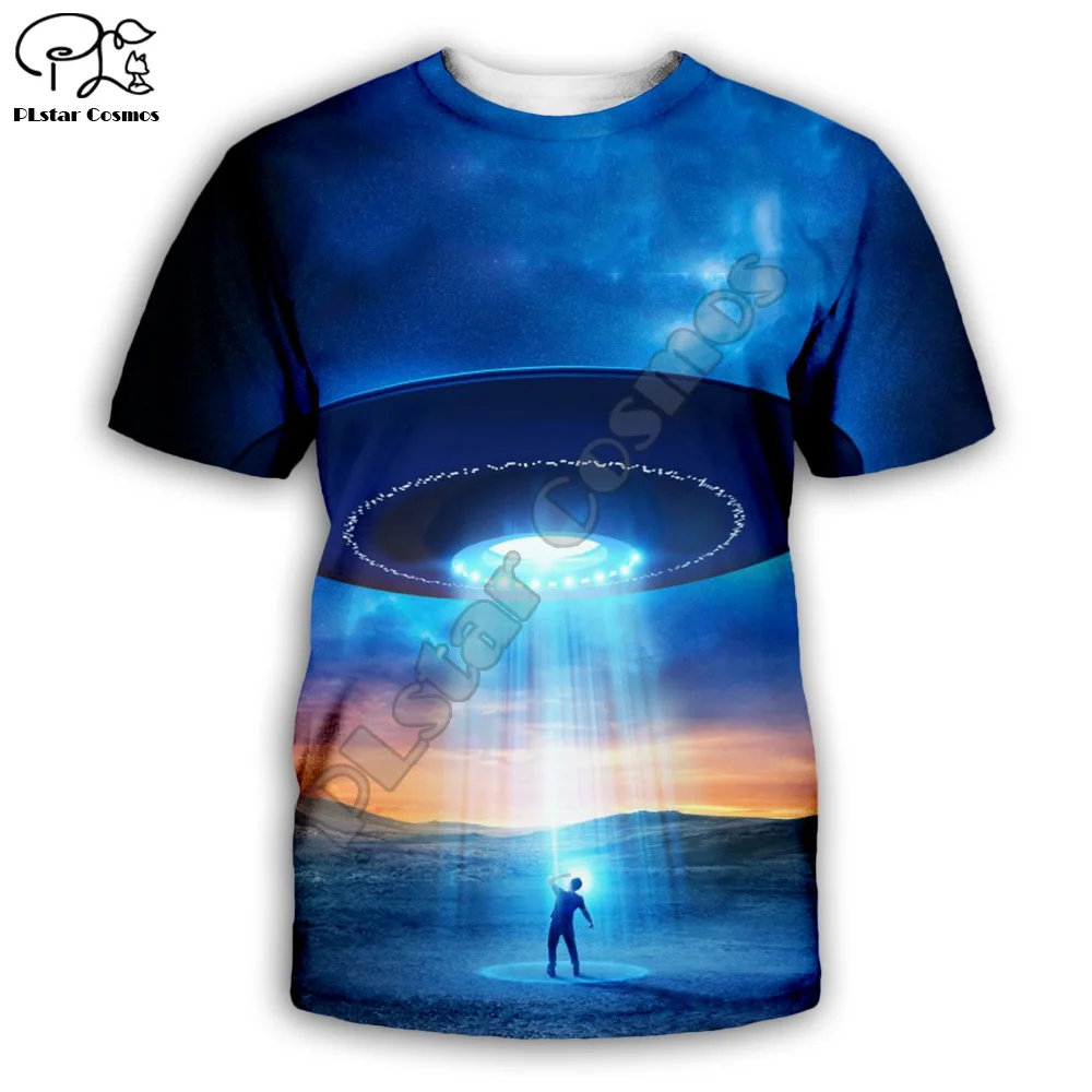 PLstar Kosmos 3D Mode Harajuku Streetwear Fremmede Rumskib UFO Galaxy Unisex Casual Sjove t-shirts, Korte ærmer a1 3