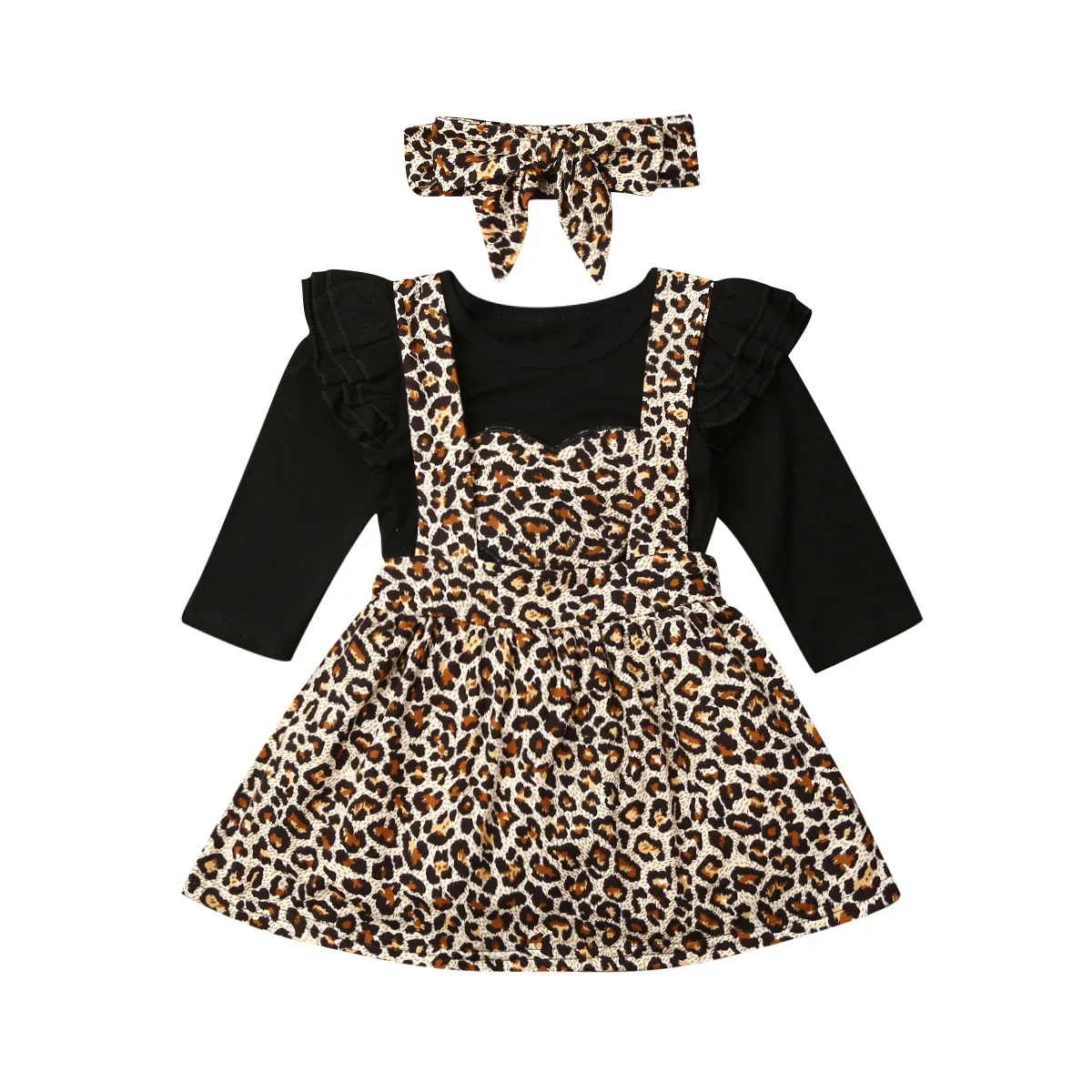 Efteråret Spædbarn Børn Piger Tøj Sæt, 0-24M Leopard Print, Lange Ærmer Sparkedragt+Bib Strop Kjole+Pandebånd 3stk 3