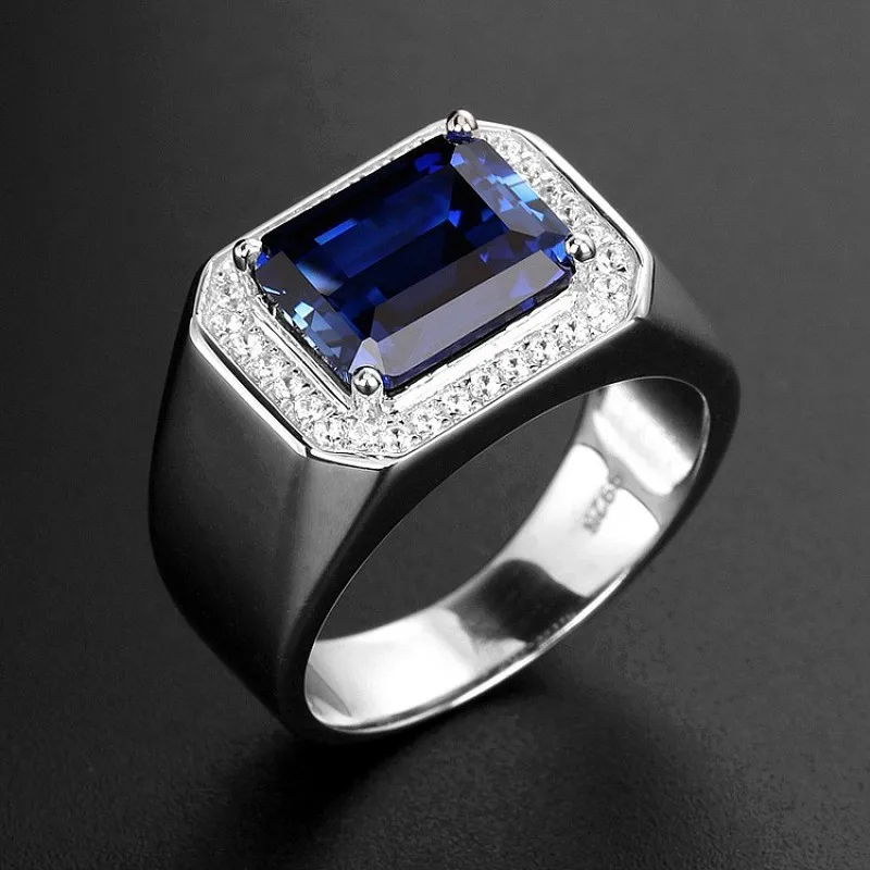 BOCAI Nye Kunstige blå korund safir mænds ring diamanter på hvidguld belagt titanium stål mænds ring justerbar størrelse 3
