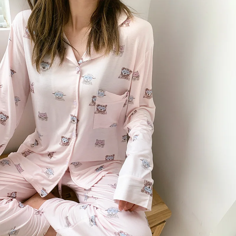 Viscose Modal Pyjamas Kvinder Foråret Efteråret God Nat dyreprint Løs Bløde Lange Hjem Tøj Sæt Cardigan Lomme Nattøj 3