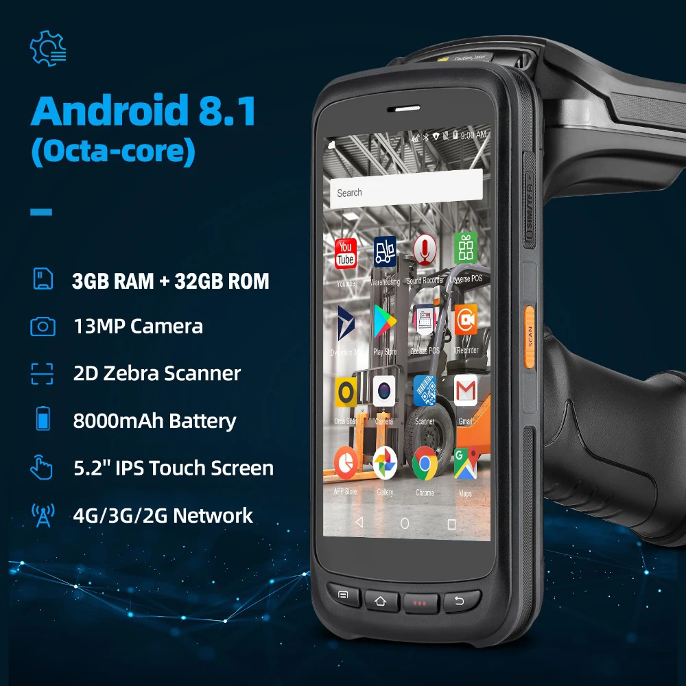 MUNBYN Håndholdt Android 8.1 PDA Rugged POS Terminal Zebra barcode Scanner 2D 4G Opgørelse dataindsamler UHF RFID-Læser 8000mAh 3