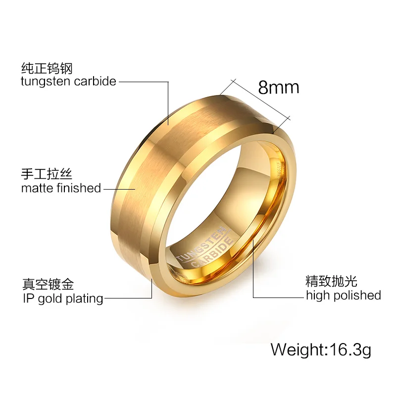 Klassisk to-tone 8mm bryllup band ægteskab ringe til mænd og kvinder, guld farve tungsten ring smykker 3