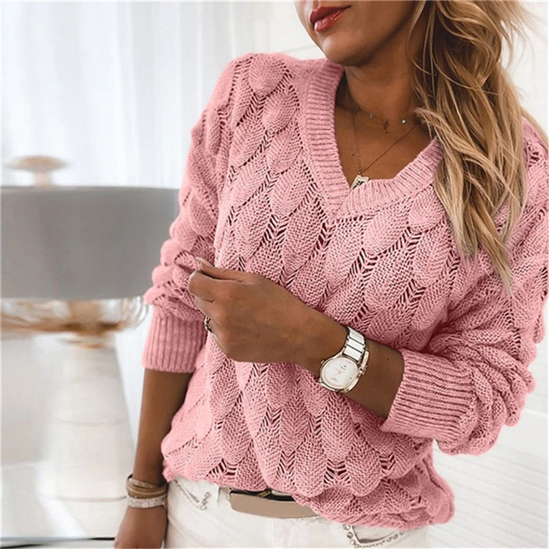 Damer Elegant Ensfarvet Sweater Kvinder Mode Hule Ud Toppe Slim V-Hals Sweater For Feminal 2021 Efteråret Tøj 3