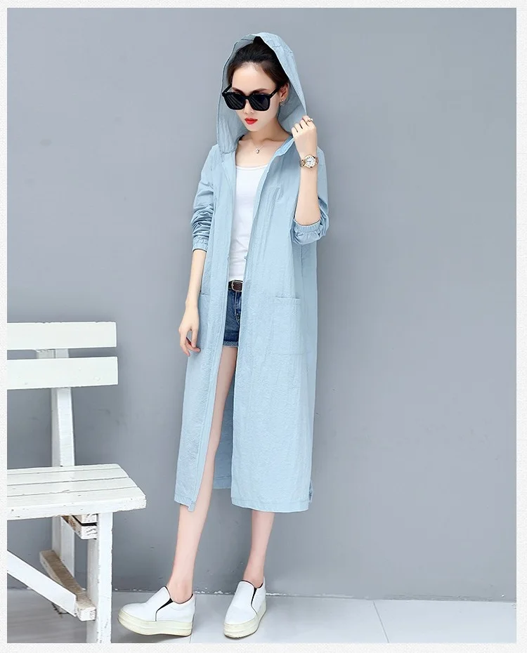 Trending Produkter Kvinder solbeskyttelse tøj sommeren i Stor størrelse broderet Hooded Lang frakke Ultra-tynd Anti-UV Outwear 73 3