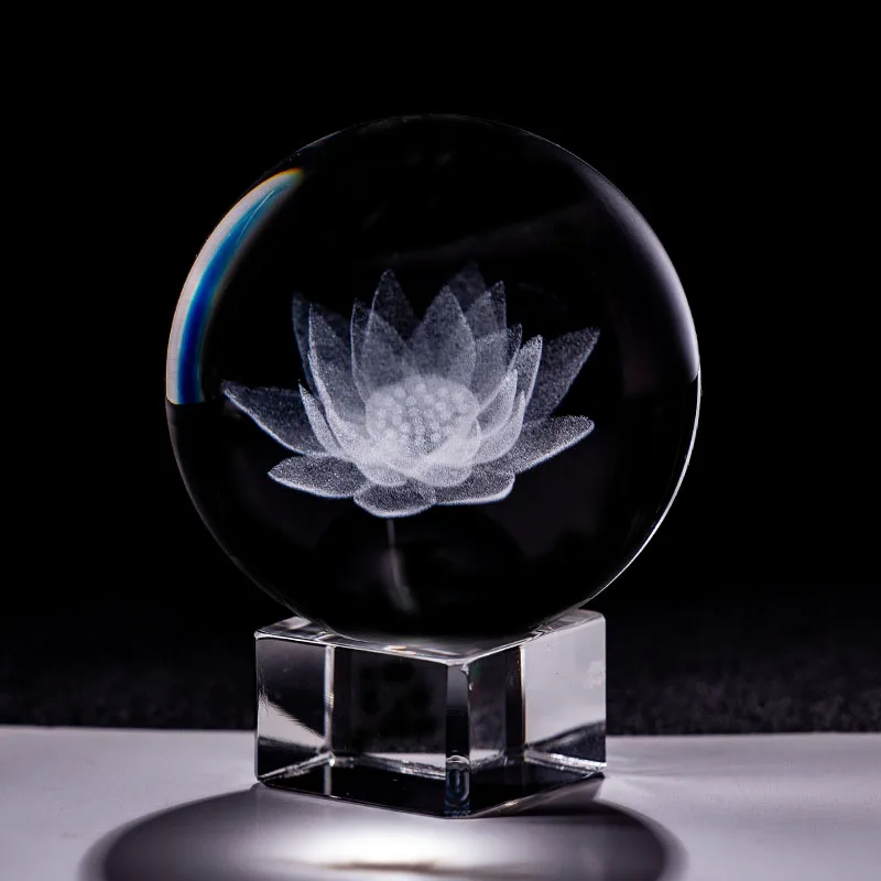 60mm 3d-Udskæring krystalkugle Brevpresser med Stå, Healing, Meditation Glas Sfære Fengshui Home Decor Ornamenter Lotus Blomst 3