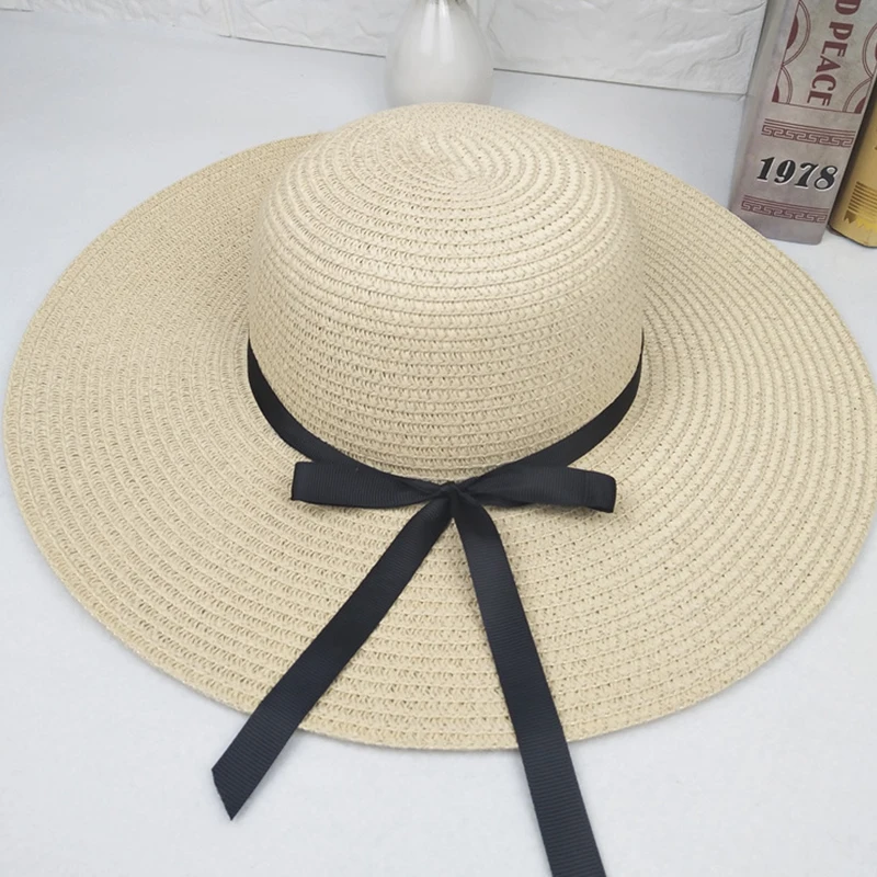 Rejser om sommeren stranden hatte vilde ride strå hat stor sløjfeknude bånd halm cap damer UV-beskyttelse søn caps 3