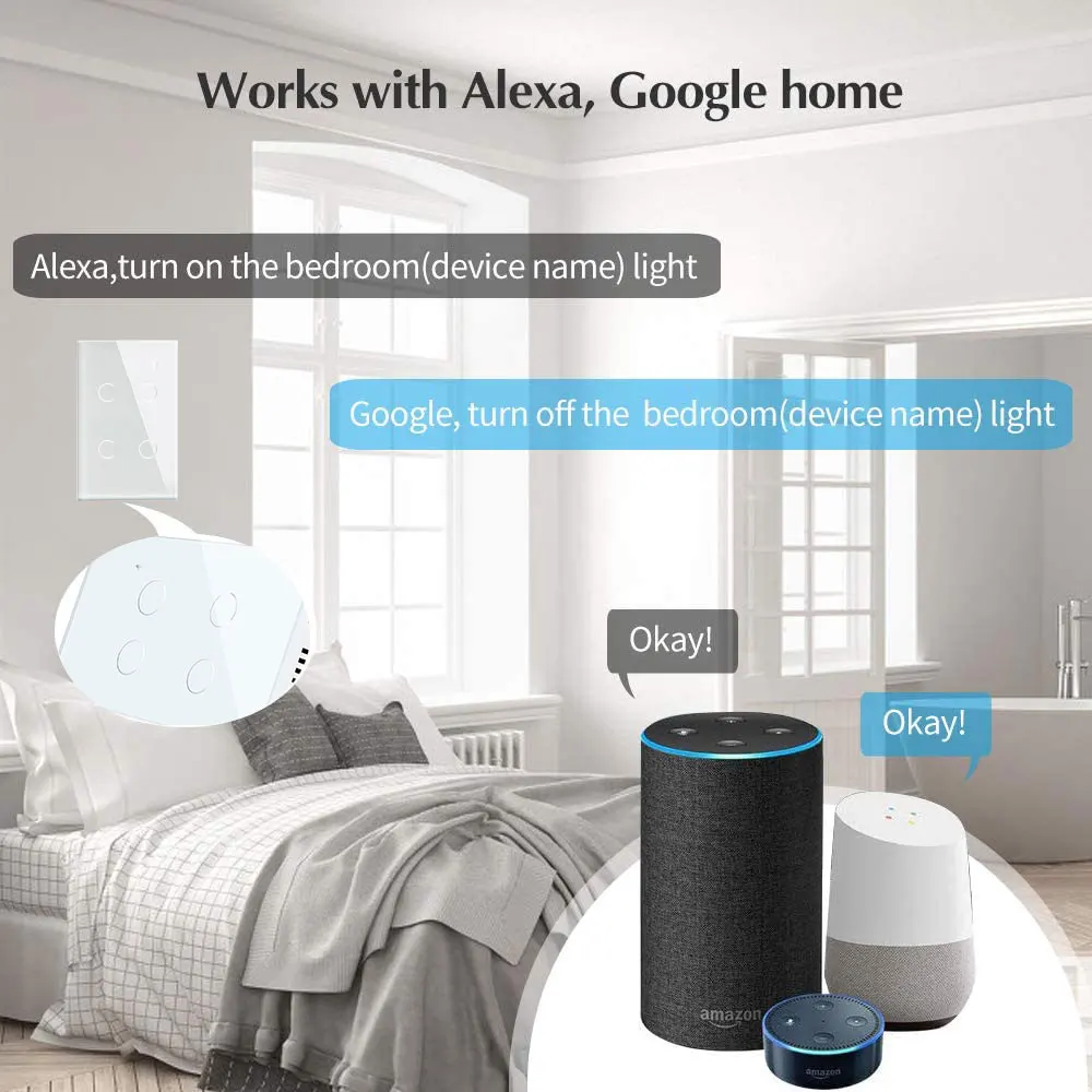 Tuya app 1/2/3/4 Bande Wifi touch vægkontakt lyskontakten Global kontrol kompatibel med Amazon Alexa,Google startside for Smart home 3