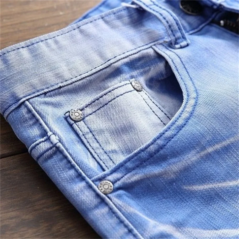 EH · MD® Høj Elastisk Bleget Blå Jeans til Mænd Bølget Rynkede Hul Patch Bomuld, Blød Lille Straight High Street Slanke Bukser 2020 3