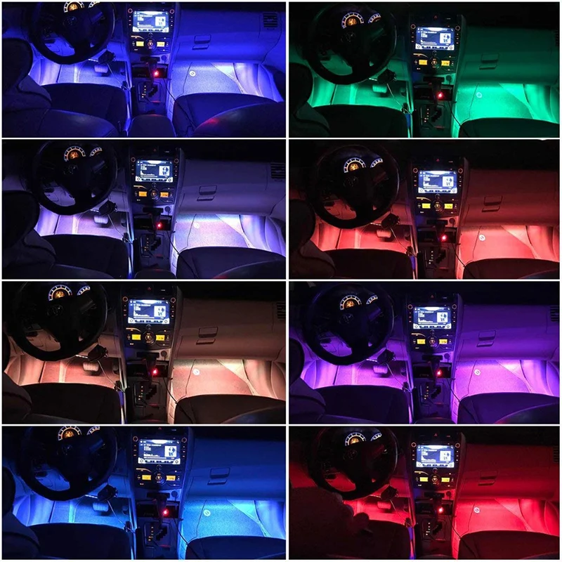PMFC LED Strip Interiør Lys 4stk Bil Flerfarvet RGB Musik, Stemning, Lyd Aktiv Funktion LED Strip Belysning med USB-Port 3