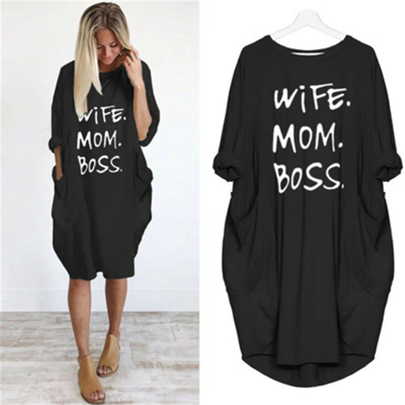 Kvinder Mode Sundresses med Hustru Mødre Boss Breve Udskrive Lomme Sommeren Falder Vestidos Strand Plus Size Kvinde, er Kjole Sort Tøj 3