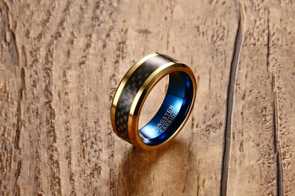 SIZZZ Mænds 8 mm wolfram stål ringe carbon fiber ring guld blå farve Europæisk stil smykker til mænd engros 3