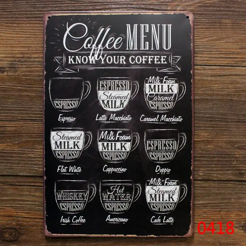 Kaffe menu vintage cafe tin tegn retro metal plade maleri klassisk strygejern billede vægdekoration til coffee shop 3