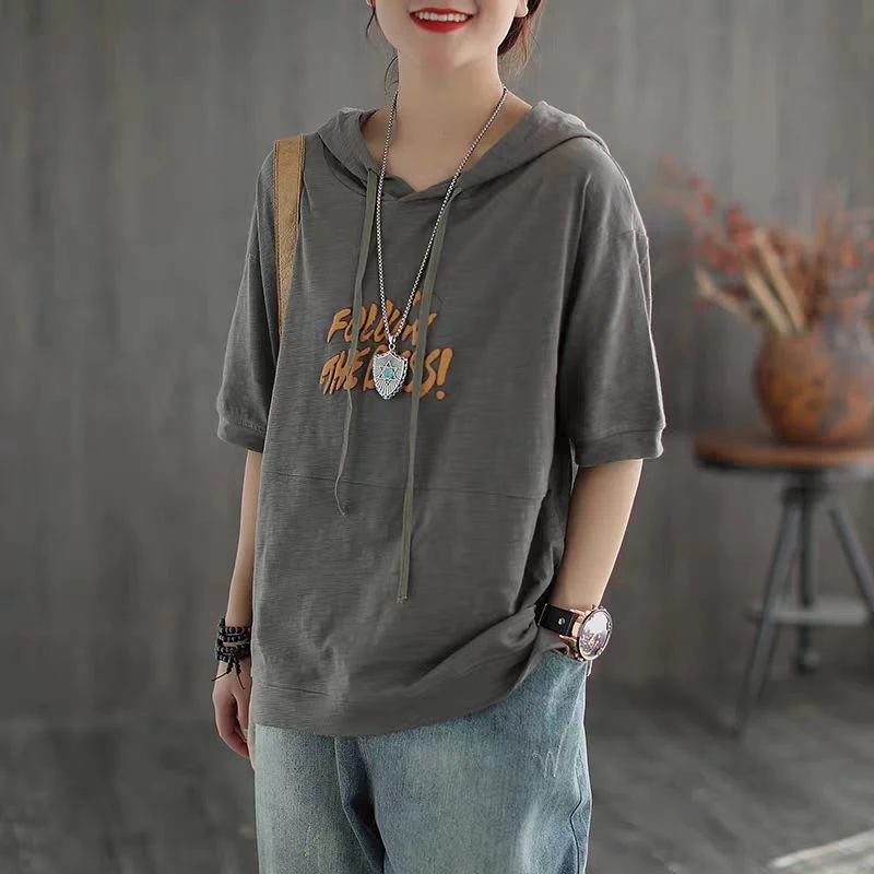 Sommeren Korea Fashion Kvinder Kort Ærme Løs T-shirt til Alle-matchede Casual Brev Print Hætteklædte Tee Shirt Femme Toppe Plus Size M01 3