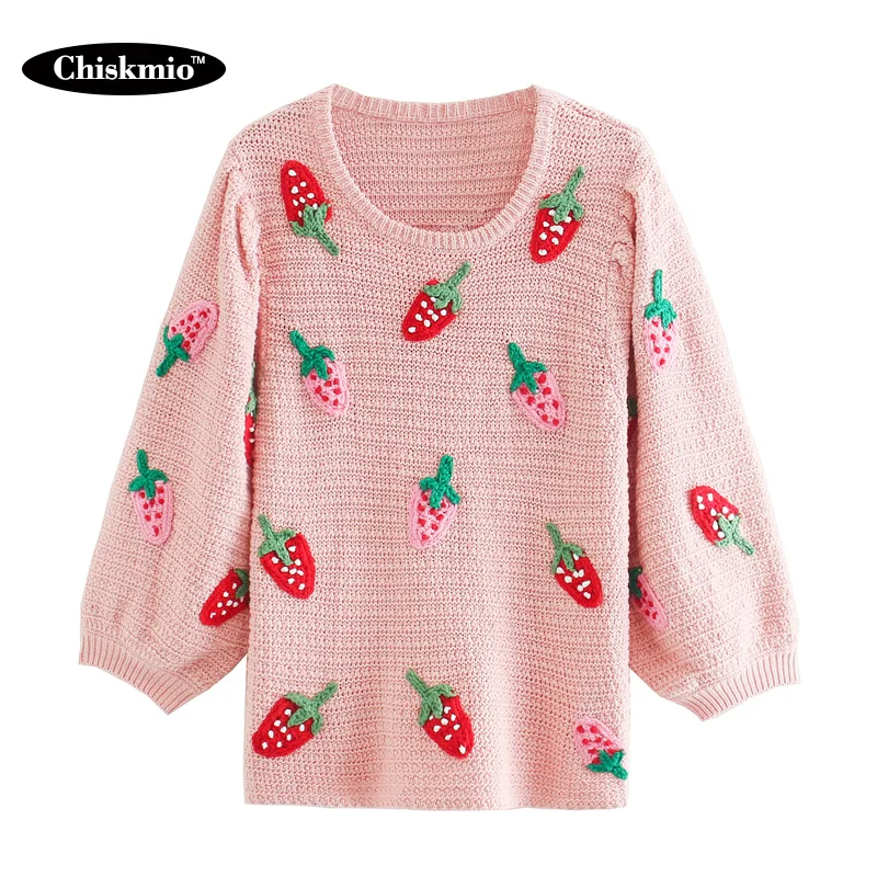 Chiskmio Jordbær Pink Sweater Kvinder At Strikke Toppe Løs O-Neck Pullover, Med Ni Point Med Lange Ærmer Strik Kvinder Sødt Tøj 3