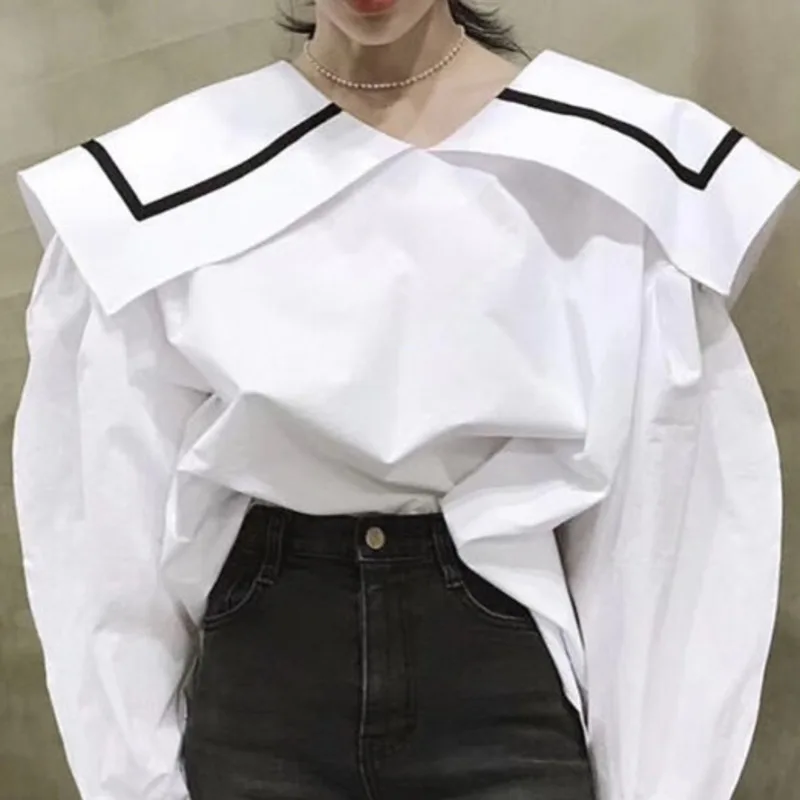 2020 Bluser Forår, Efterår Lange Puff Ærmer Hvid Matros Krave Løs Plus Size Bluse Koreansk Modetøj Casual Kvinde Shirt 3