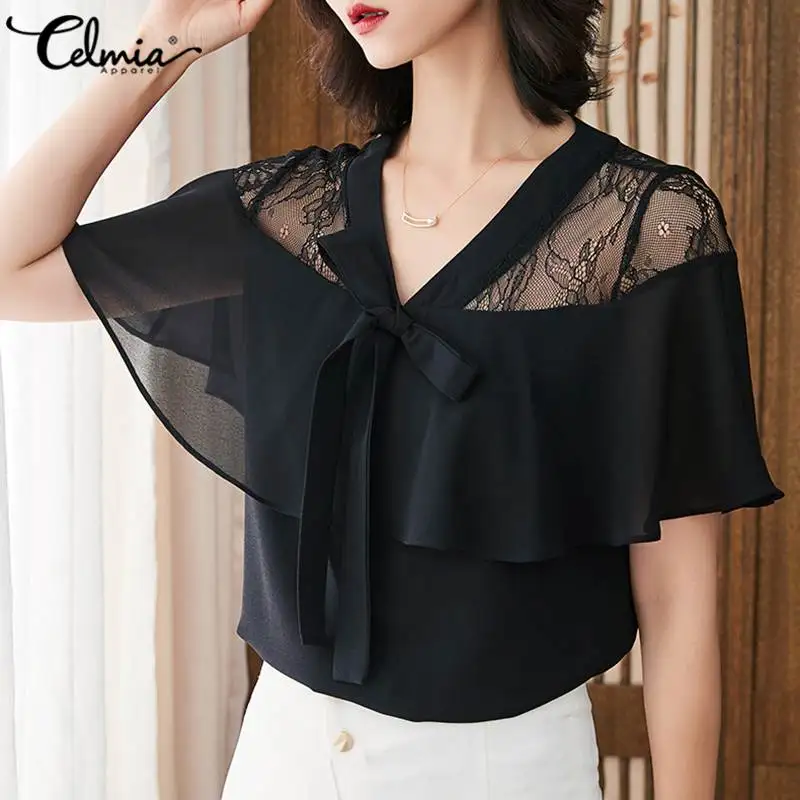 Celmia 2021 Sommeren Black Lace Fashion Skjorter Bluser til Kvinder kortærmet Bow Tie Casual Chiffon Toppe Løs Se-gennem Blusas 3