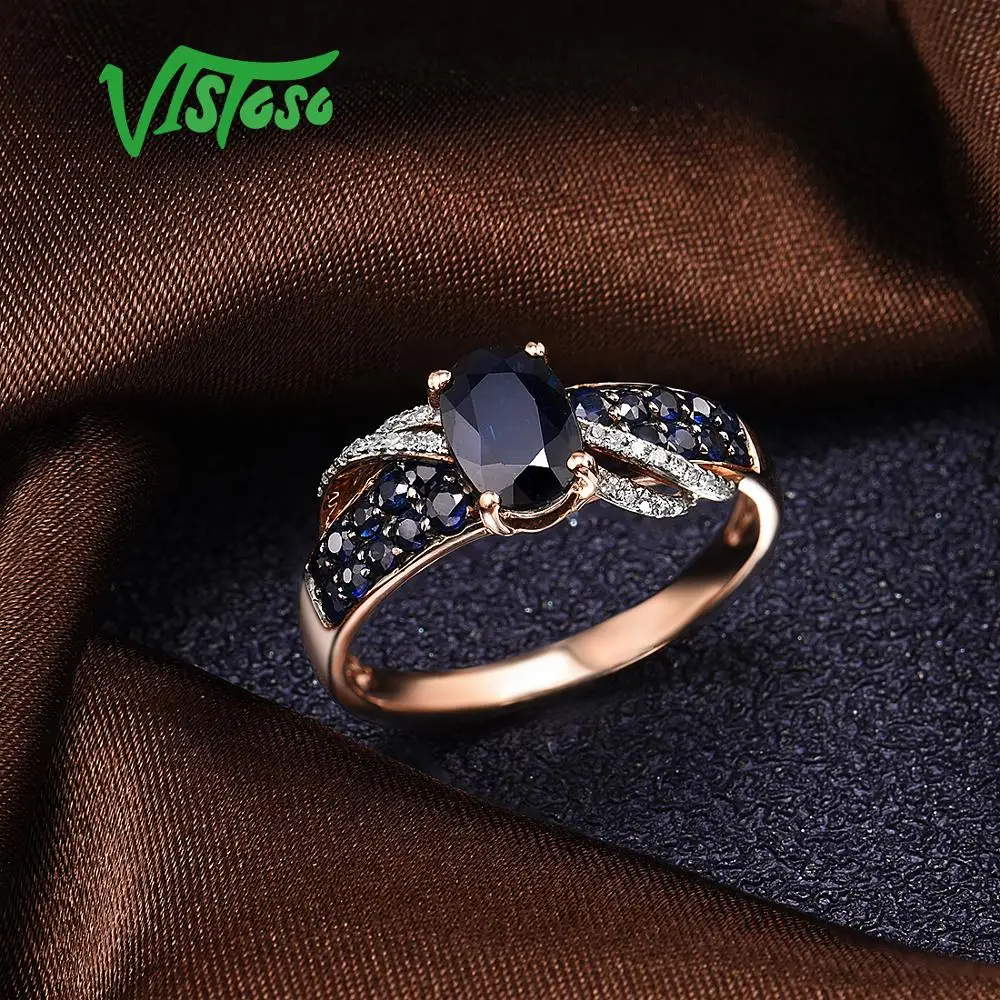 VISTOSO Ren 14K 585 Guld Ring For Kvinder Ring skinnende Diamant Blå Safir Luksus Bryllup Engagement Elegante, Fine Smykker 3