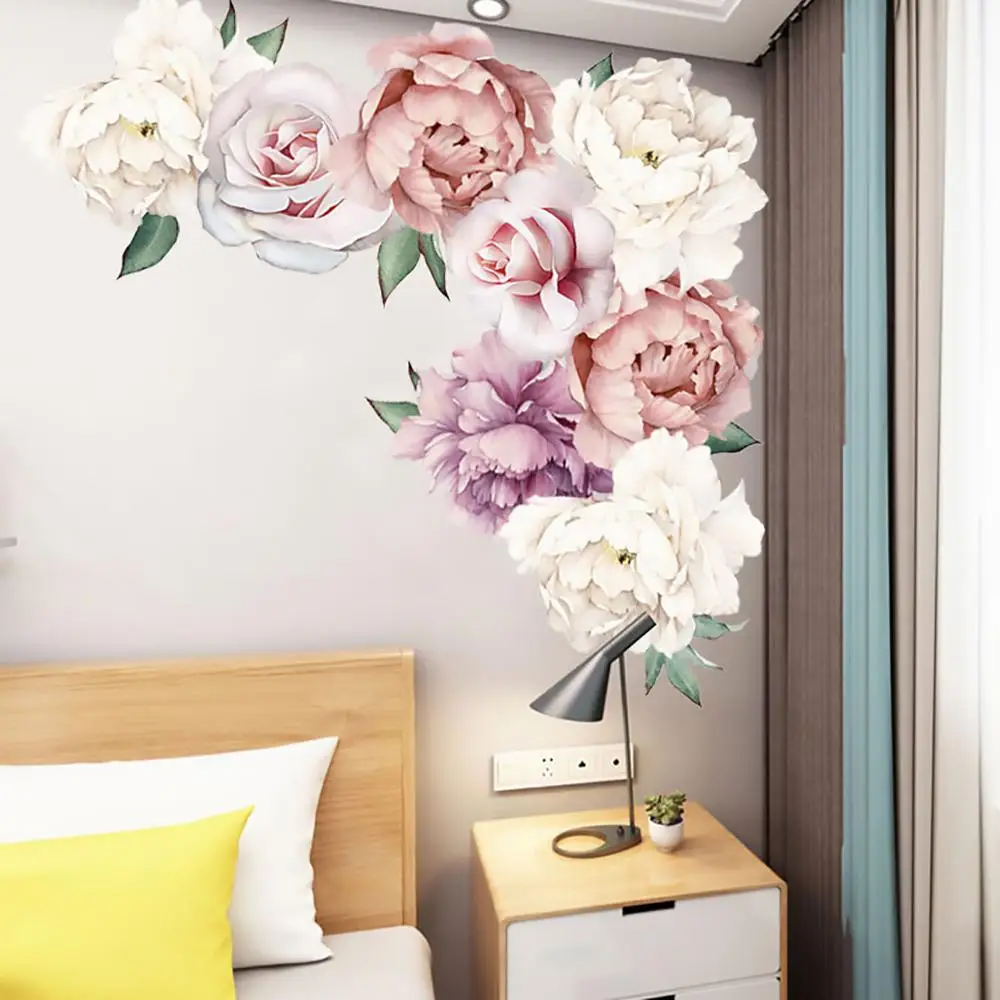 HUIRAN Pink Hvid Pæon Blomster Wall Stickers Hjem Indretning Stue, Soveværelse, Køkken Wall Stickers til Piger Værelser 3