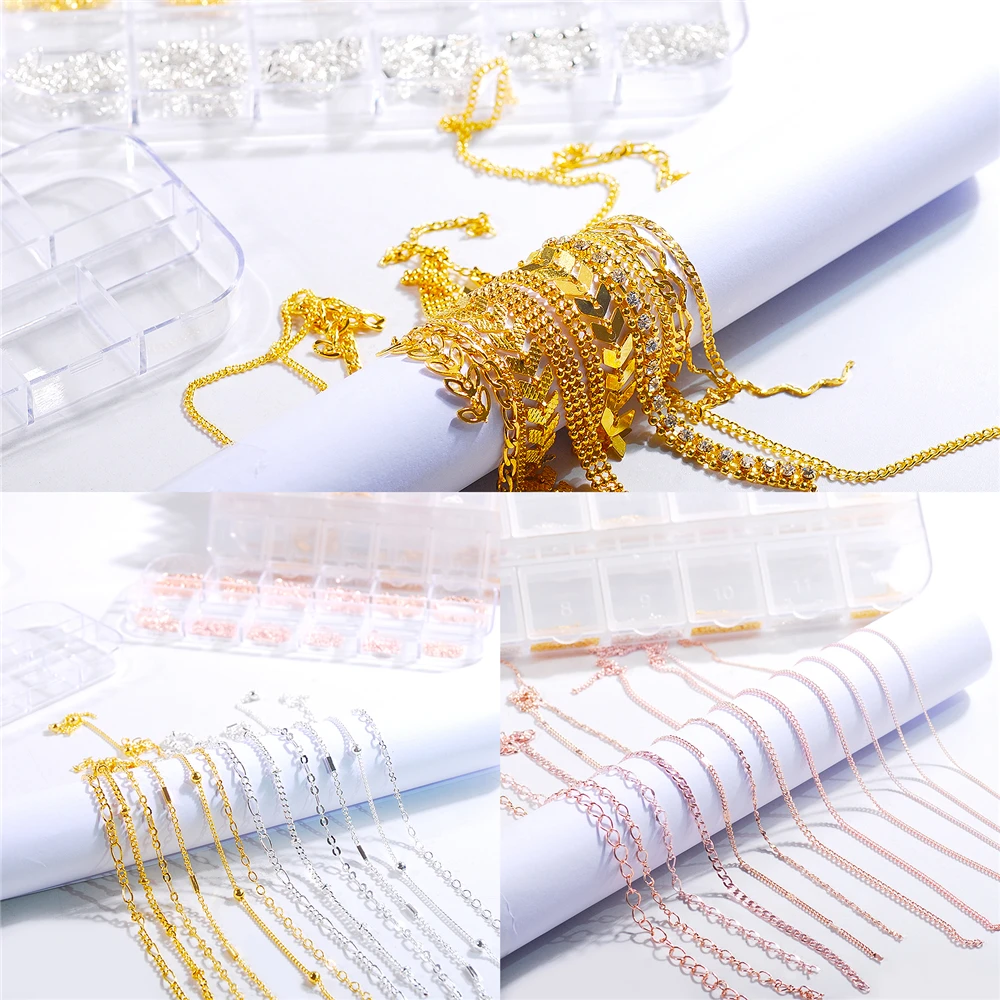 Smykker Tilbehør Manicure Sæt Guld, Sølv, Rose Guld og Sort Farve Metal Søm-Kæden DIY Nail Art Dekorationer 1 Kasse 3