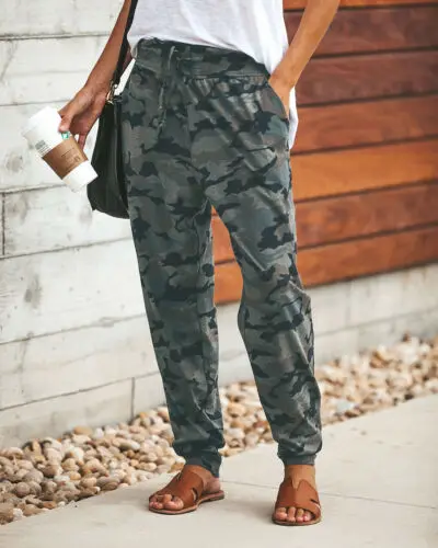 Nye Ankomst Kvinder Casual Camouflage Print Mode Bukser Med Høj Talje Snøre Løs Kører Bjergigning Sports Bukser 3