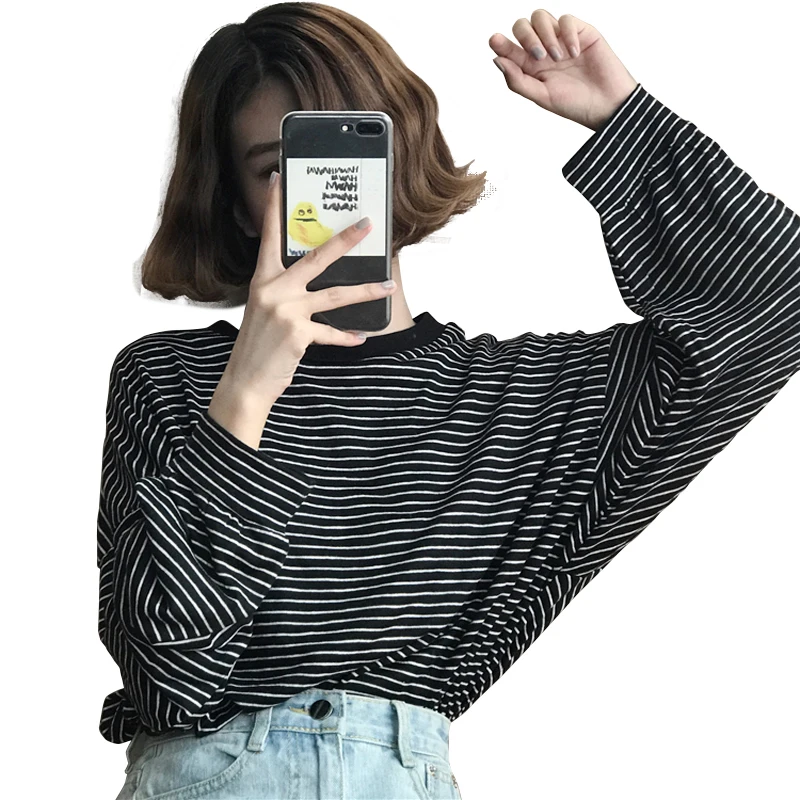 2020 Foråret Efteråret koreansk Stil Ulzzang Harajuku Retro Lange Ærmer O-hals Stribet T-shirt til Kvinder Toppe Casual Mode Tshirt 3