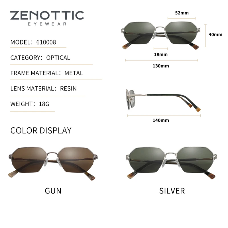 ZENOTTIC Brand Design Sekskant Solbriller Kvinder Mænd Legering Retro Rektangel UV400 Kørsel Nuancer Anti-blænding Polariserede solbriller 3