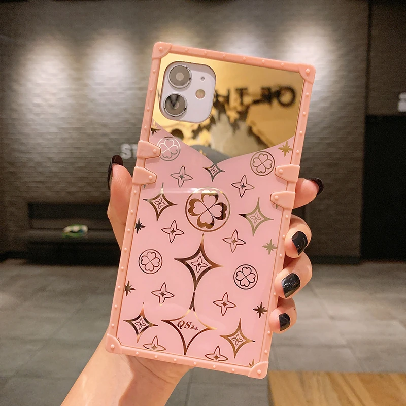 Luksus-Pladsen Søde Kløver Pink Phone Case For iPhone-11 Pro Max 12 Mini X XS-XR 7 8 Plus-Blød Silikone Spejl Dække Ring Holder 3