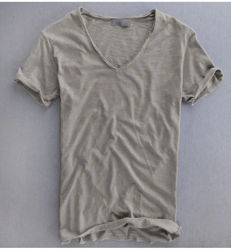2020 sommeren afslappet T-shirt i ren bomuld slub åndbar retro ensfarvet V-hals, korte ærmer 3