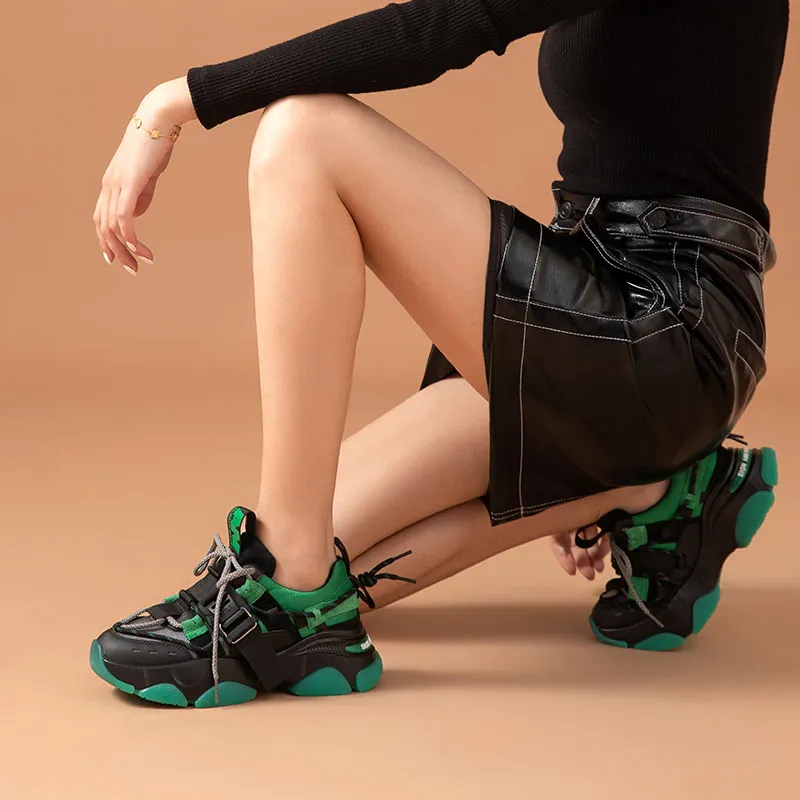 BeauToday Chunky Sneakers Kvinder Mesh Split Læder Blandet Farve Platform Lace-Up Undervisere Ladies Casual Sko Håndlavet 29384 3